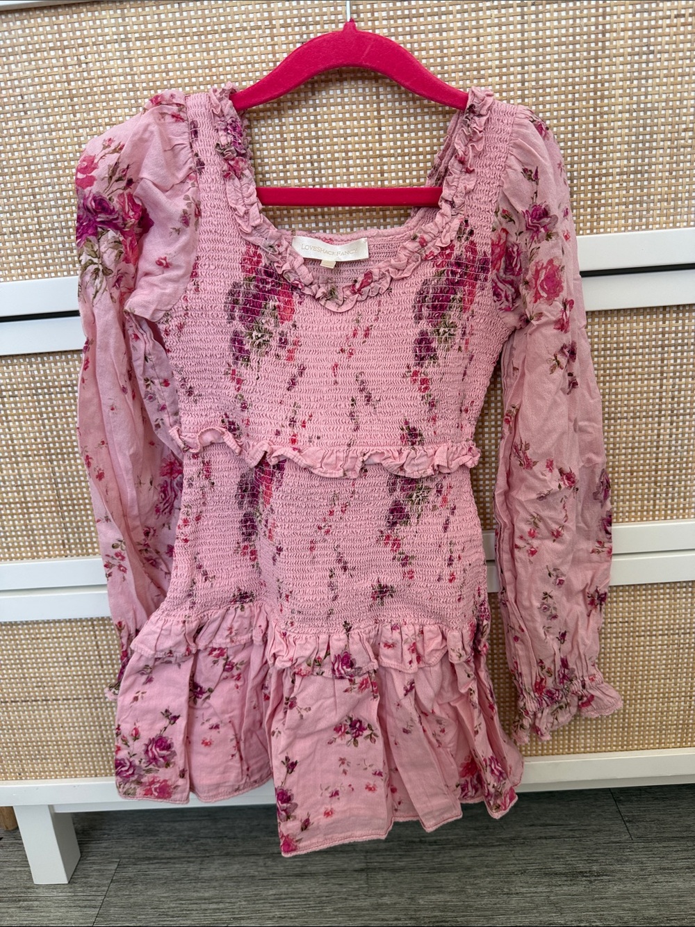 LoveShackFancy Pink Floral Smocked Long-Sleeve Tiered Dress